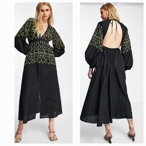 Asos Embroidered Peasant Ballon Sleeve Open Back Maxi Dress